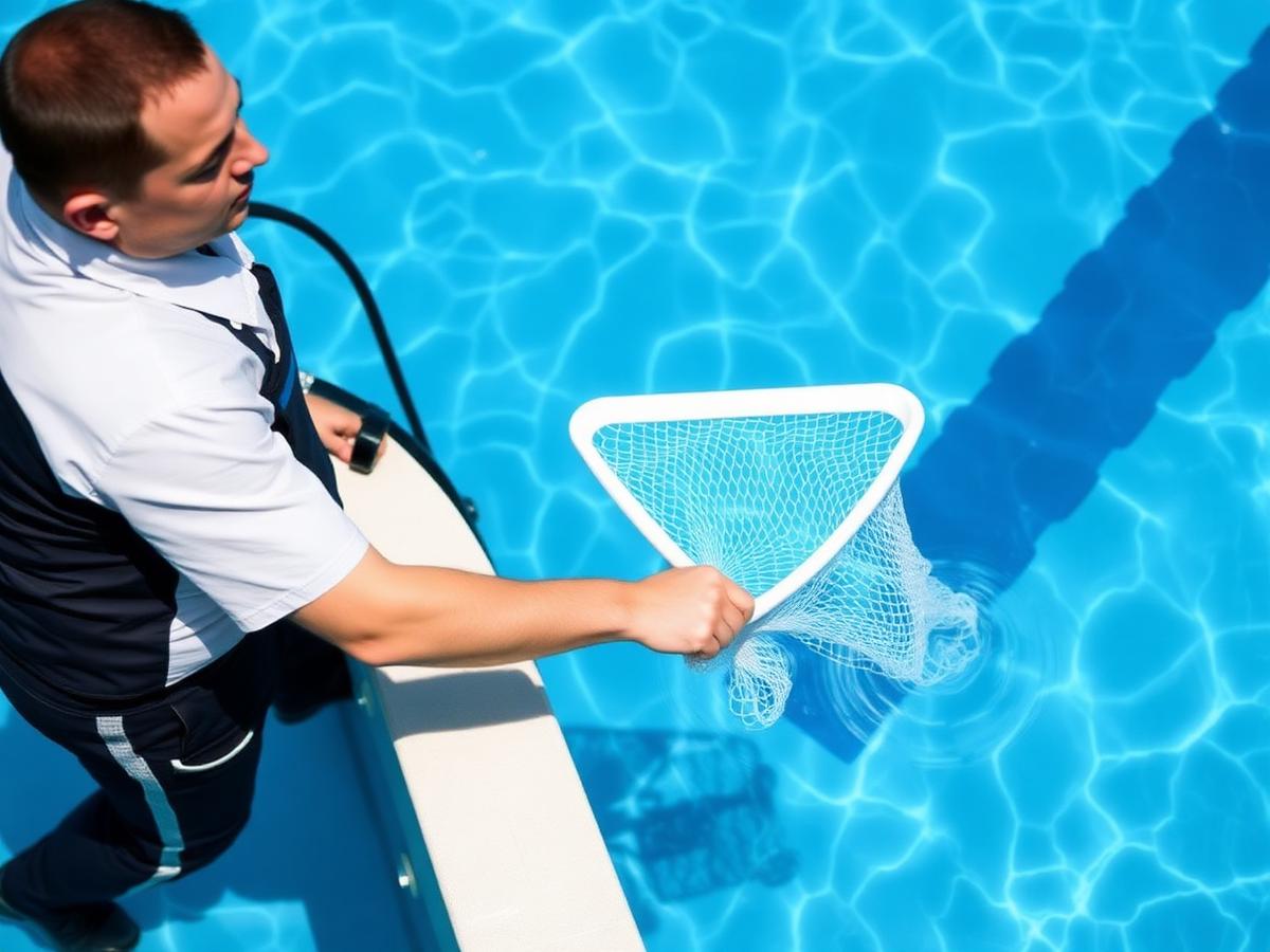 Profissional realizando limpeza de piscina